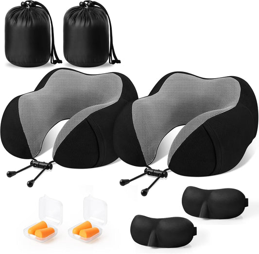 CloudBliss Travel Pillow for Airplane, Set of 2 Memory Foam Neck Pillow for Travel, Travel Neck Pillow for Long Flight, Car & Office, Trip Accessories with Eye Mask, Earplugs, Carry Bag, Black & Black