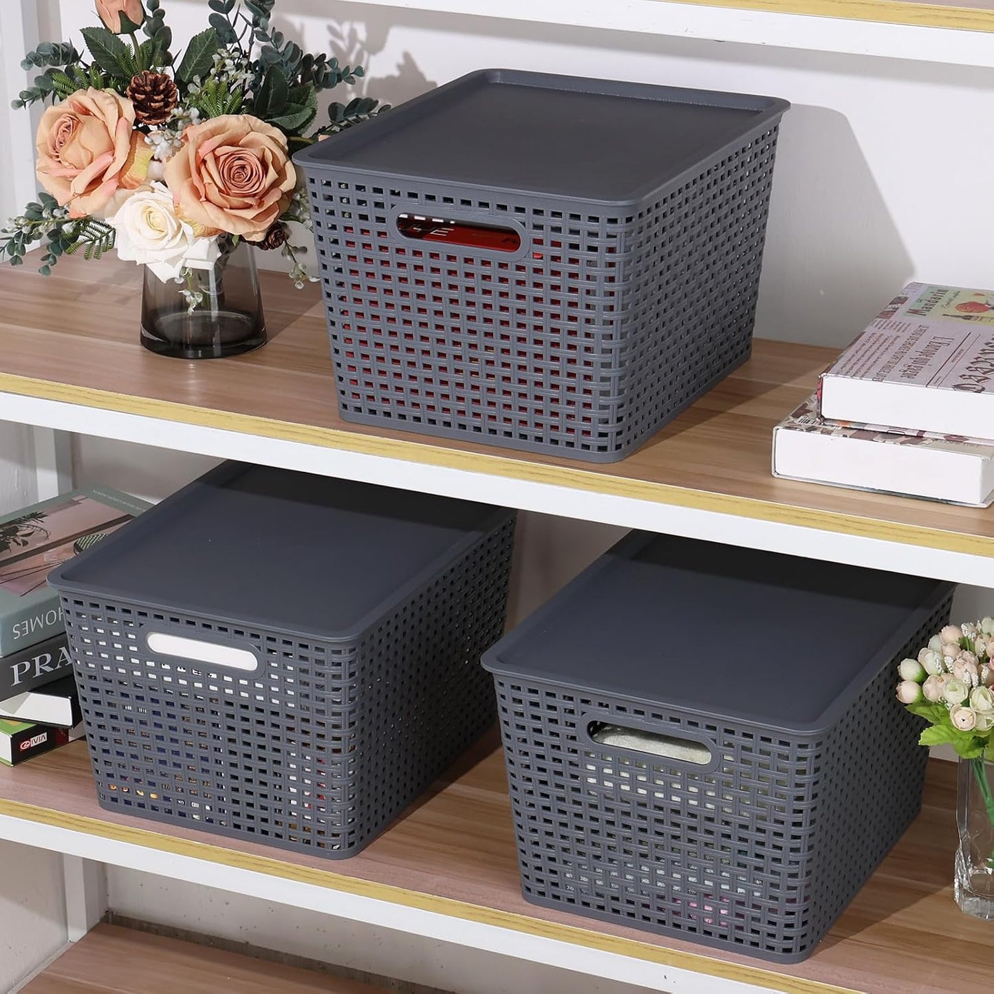Anbers 6 Pack Plastic Weave Storage Basket with Lid, Dark Grey