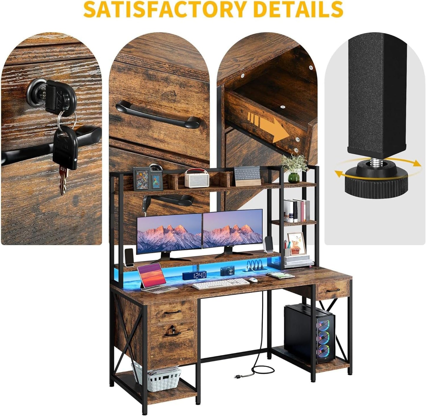 DWVO Computer Desk with Drawers & Hutch, 59.1" Office Desk with Power Outlets & LED Lights, Home Office Desk with Storage Shelves, Rustic Brown