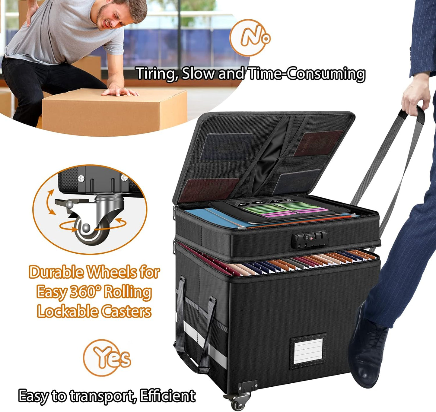 DocSafe Fireproof Document Box with Lock,2-Layer File Box with Wheels,Collapsible File Storage Organizer with Pockets,Large Portable Home Filing Cabinet for Hanging Folders,Black,16''x13.8''x12.2''