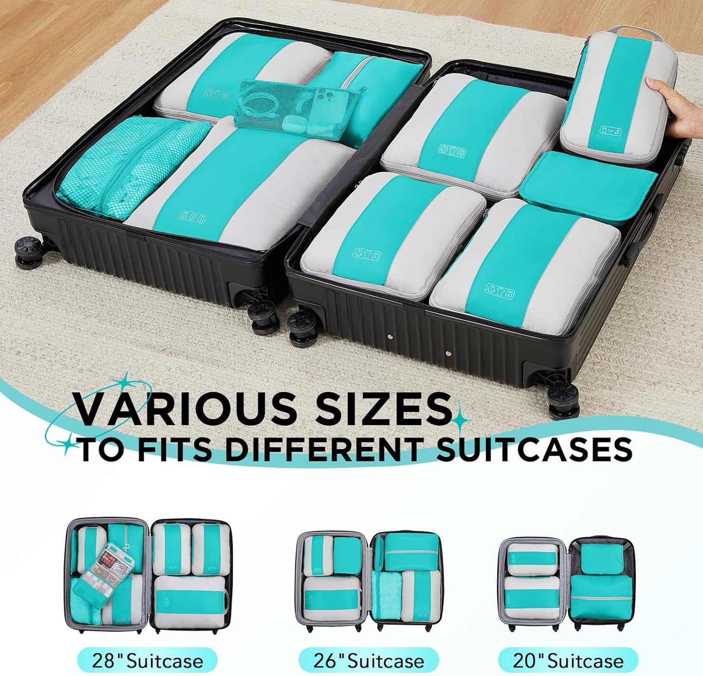 10 Set Compression Packing Cubes for Travel Essentials,Compressible Expandable Packing Cubes for Suitcase,OlarHike Luggage Garment Bags for Travel,Handy Helper for Organizing Clothes(Blue Green)