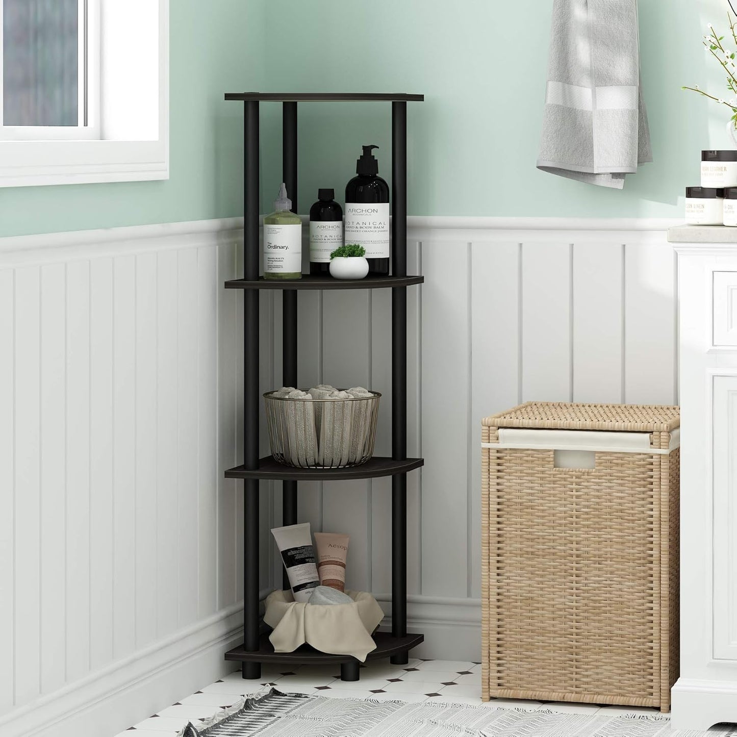 Furinno TURN-N-TUBE Corner Shelf, 4-Tier Corner Bookshelf, Display Storage Shelves with Open Shelves, for Organization and Storage, Living Room, Home Office, Garage, Espresso