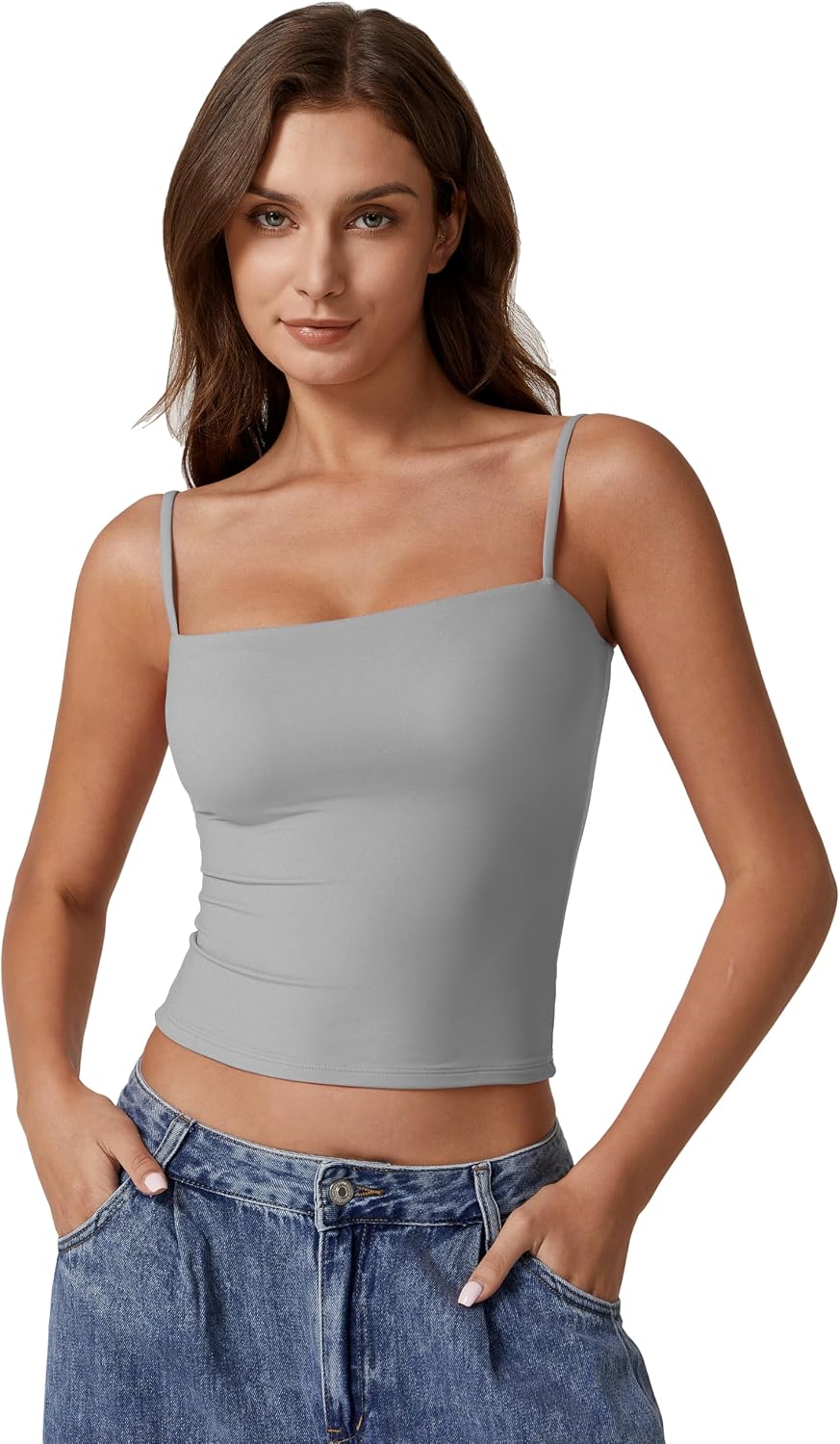 QINSEN Women's Double Lined Basic Tank Top Adjustable Spaghetti Straps Sleeveless Camisole Shirts