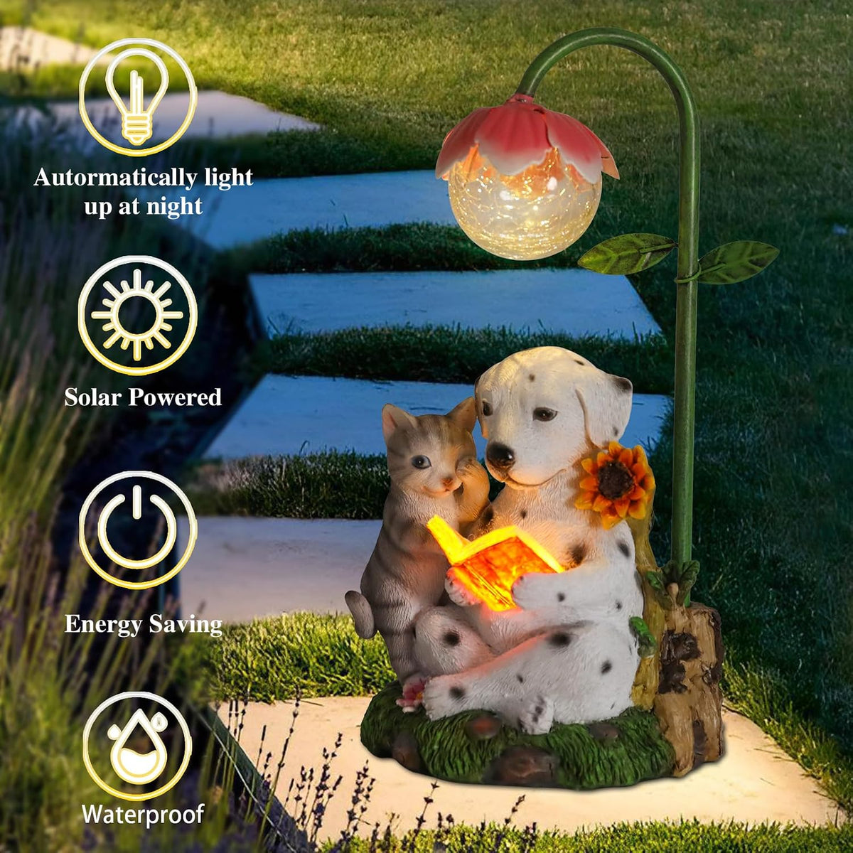Dog And Cat Solar Garden Light, Cute Resin Figurine with Reading Scene