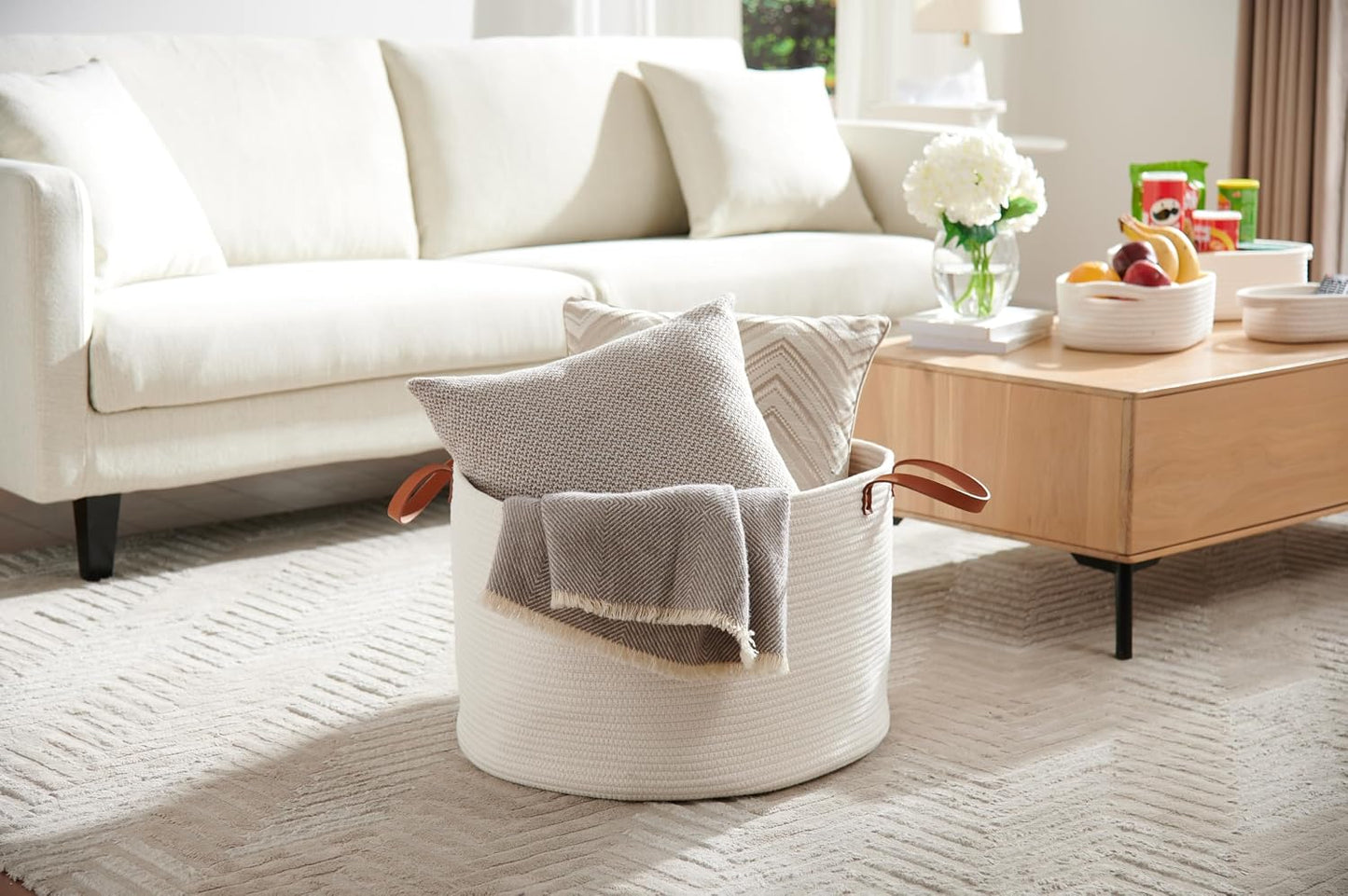 Luxury Little Extra Large Nursery Storage Basket, 22 x 22 x 14 inches - 100% Cotton Rope Baskets with Handles, Laundry Basket for Toys, Blankets & Pillows - Off White with Leather Handles