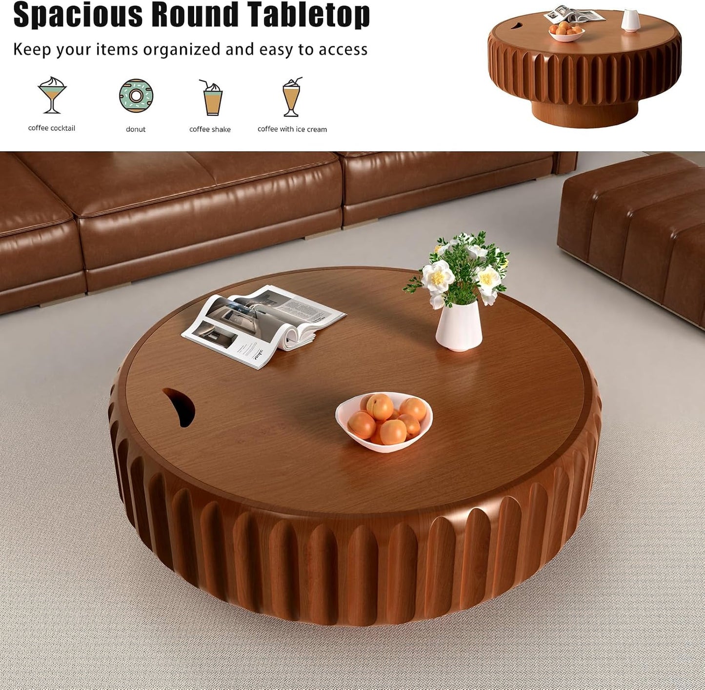 31.5" Round Fluted Coffee Table with Hidden Storage (31.5" Brown) | Round Wooden Coffee Table with Solid Wood Veneered, Gear Center Table, Drum Tea Table for Living Room Apartment
