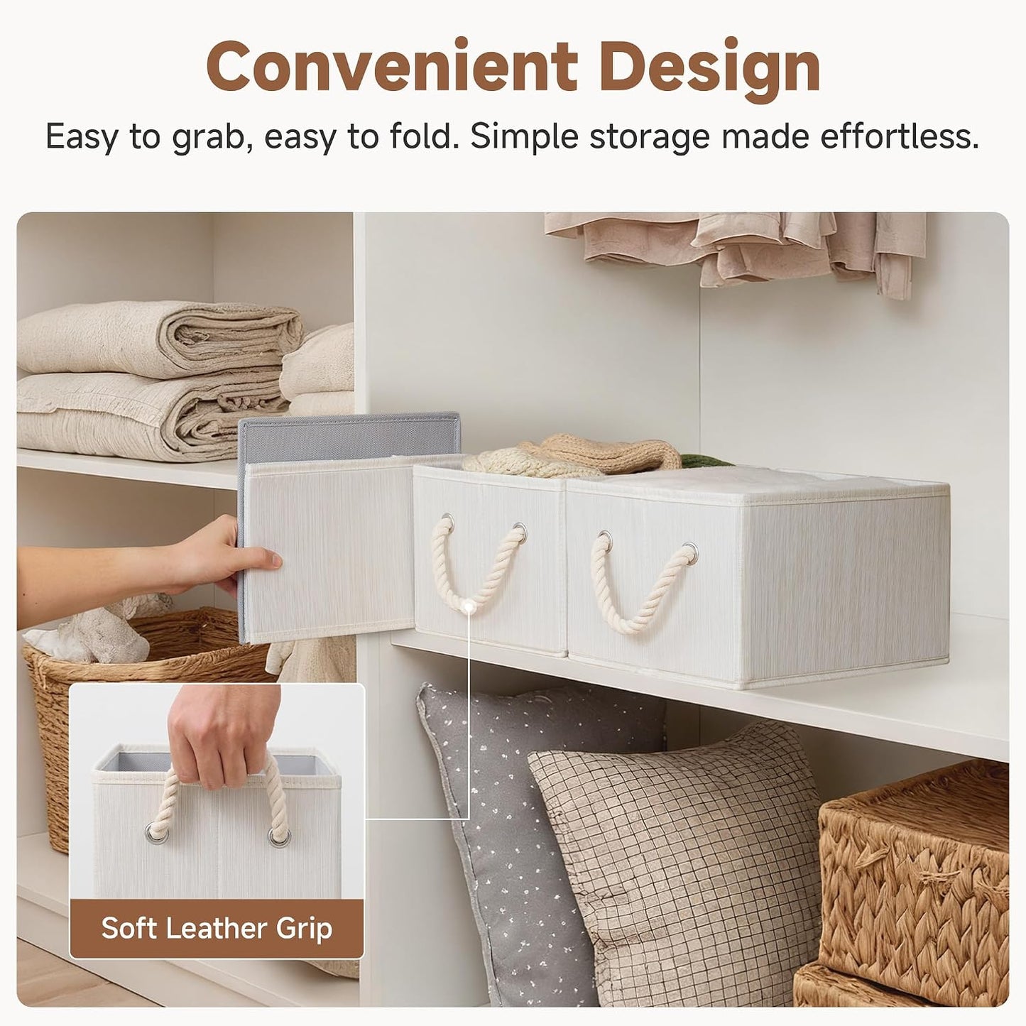 StorageWorks Fabric Storage Bins with Rope Handles, Beige, Small, 3-Pack | Fabric Storage Bins for Shelves, Storage Baskets for Closet Organization, Organizer Bins for Clothes Storage