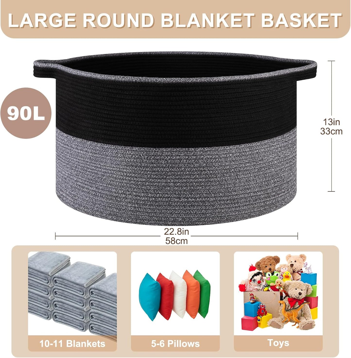 OIASKET Large Blanket Basket with Handles, 22.8" x 22.8" x 13" Woven Storage Basket for Living Room, Cotton Rope Baby Toy Storage for Clothes, Pillows, Towels-Black and Grey