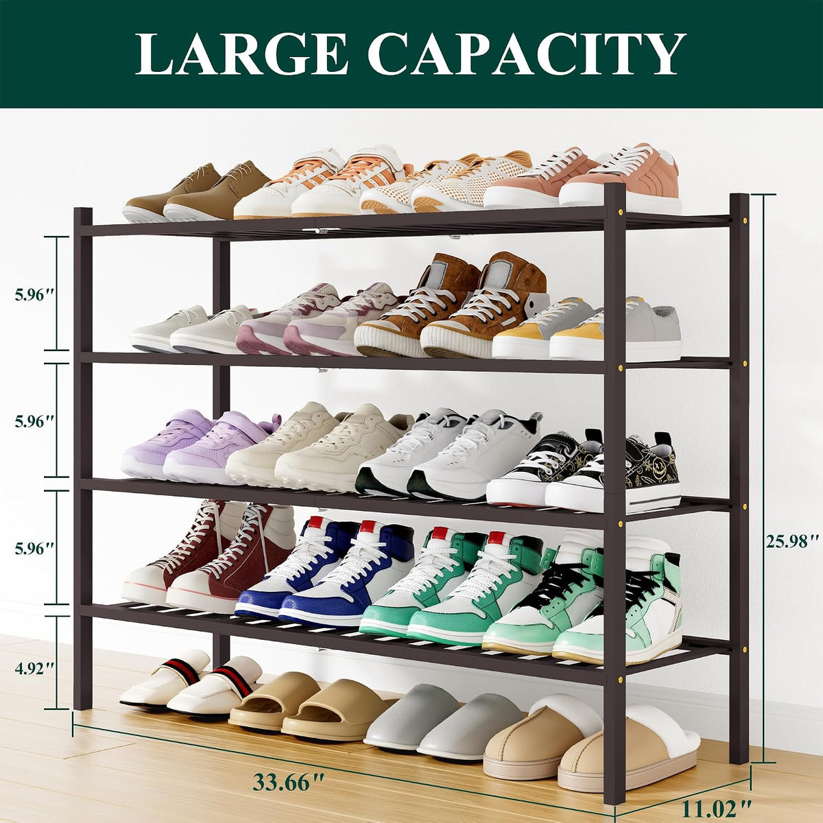 Smiry Bamboo Shoe Rack, 16 Vertical Slats, 4 Tier - 33.7" Wide, Brown