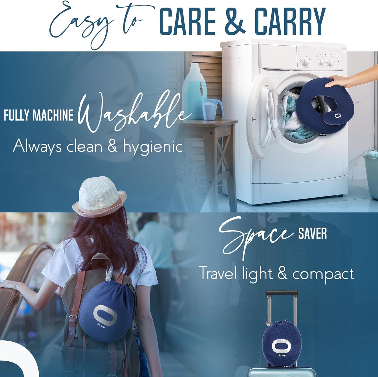 BCOZZY Travel Neck Pillow for Airplane – Patented Double Support for Head, Neck, and Chin. Best for Long Flights, Plane Sleeping, and Car Rides. Adjustable Size. Fully Washable. Carry Bag. Large, Navy