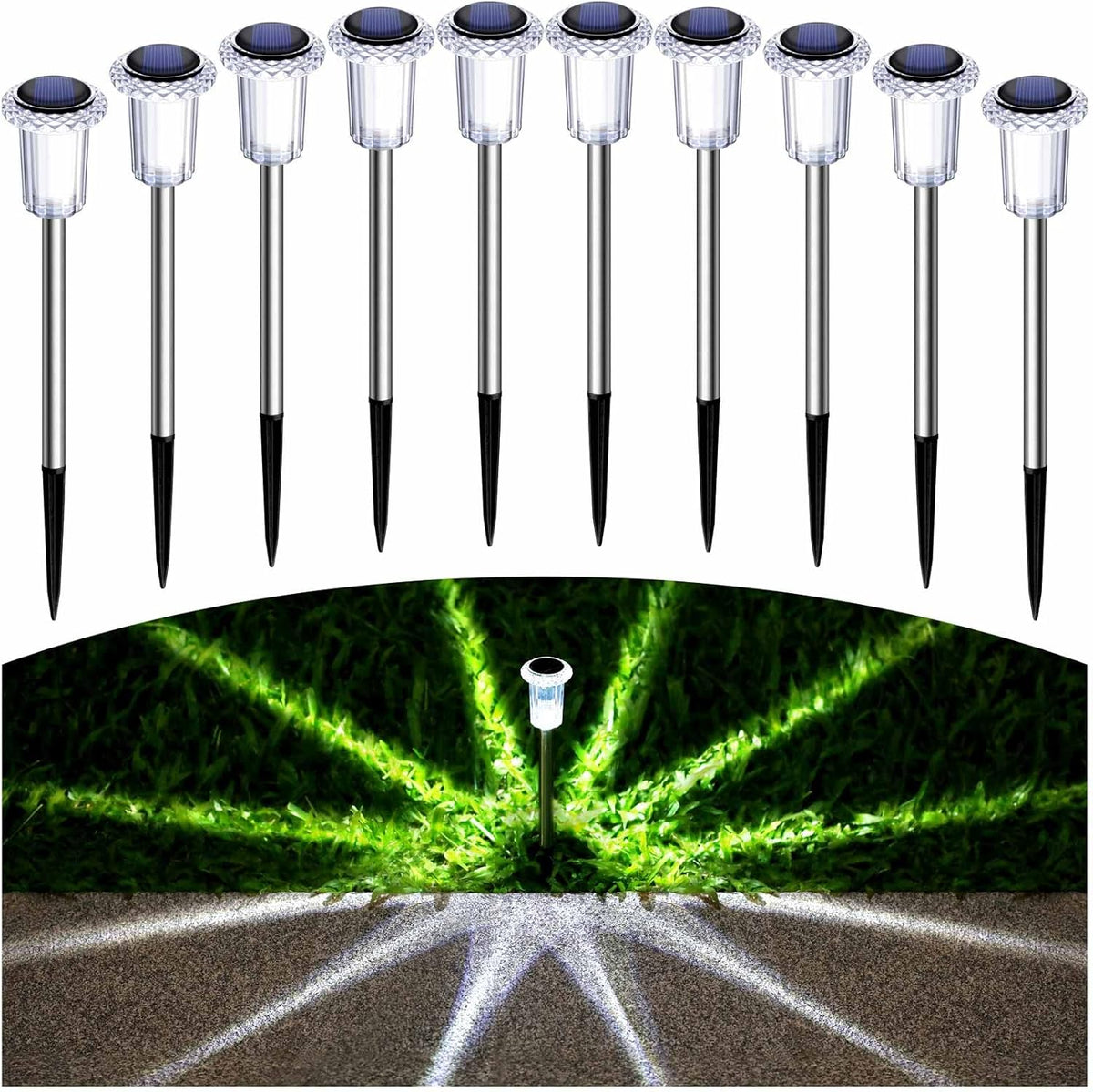 Solar Pathway Lights 10 Pack Solar Lights Outdoor Waterproof 6000K Cold White Yard Lighting, LED Stainless Steel Stake for Garden Outside Landscape Lawn Driveway Walkway Path
