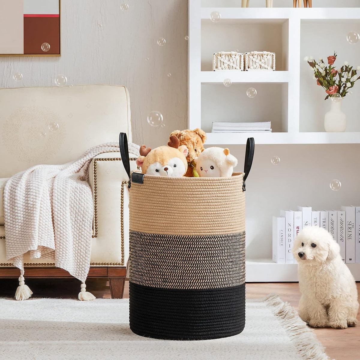 VIPOSCO 72L Tall Woven Rope Laundry Hamper, Leather Handles, Brown & Black