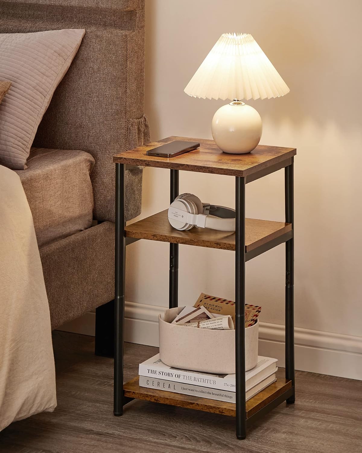 VASAGLE BARNET Collection - Side Table, Small End Table for Living Room, Modern Tall Nightstand, Bedroom, Office, Bathroom, Steel Frame, Rustic Brown and Ink Black ULET273B01