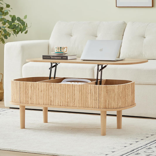 Fully Assembled Fluted Lift Top Coffee Table with Hidden Compartment, Wooden Center Table, Modern Oval Lift Tabletop for Home Living Room Office, Natural