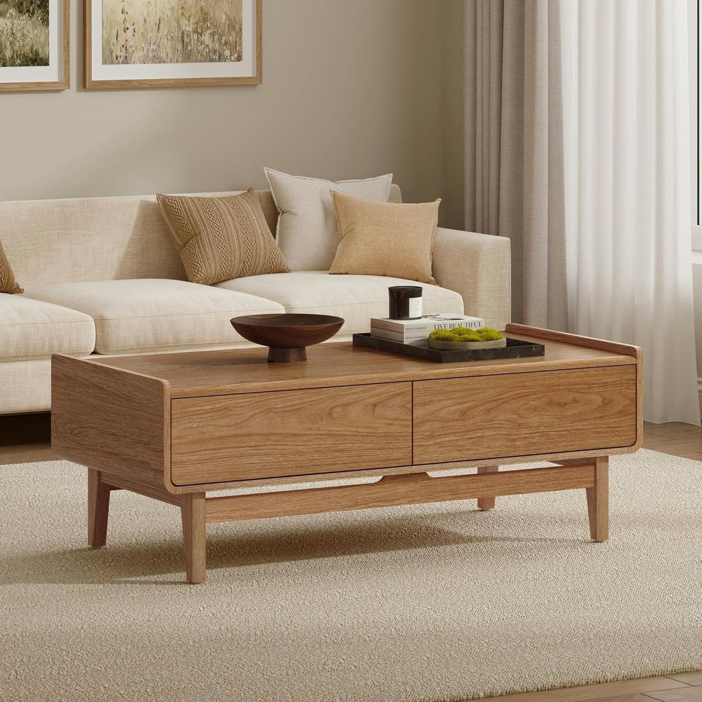 LuxenHome 47" Coffee Table with Storage, Oak Center Table for Living Room | Summer Oak Mid-Century Design, Round Edge Space-Saving Rectangular Top, Tapered Legs, Versatile Home Office Use