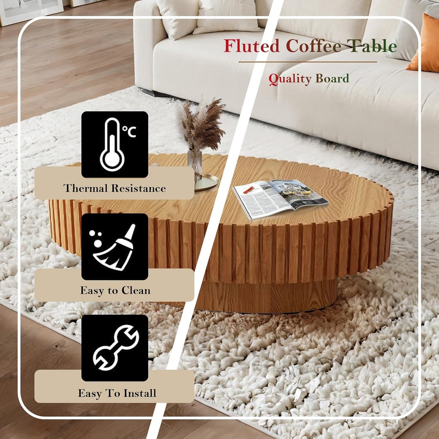 Handcraft Fluted Coffee Table with Sturdy Pedestal (Oval Wood 43.3in) | 43.3" Oval Drum Center Tables | for Living Room Apartment Farmhouse | Easy to Assembly