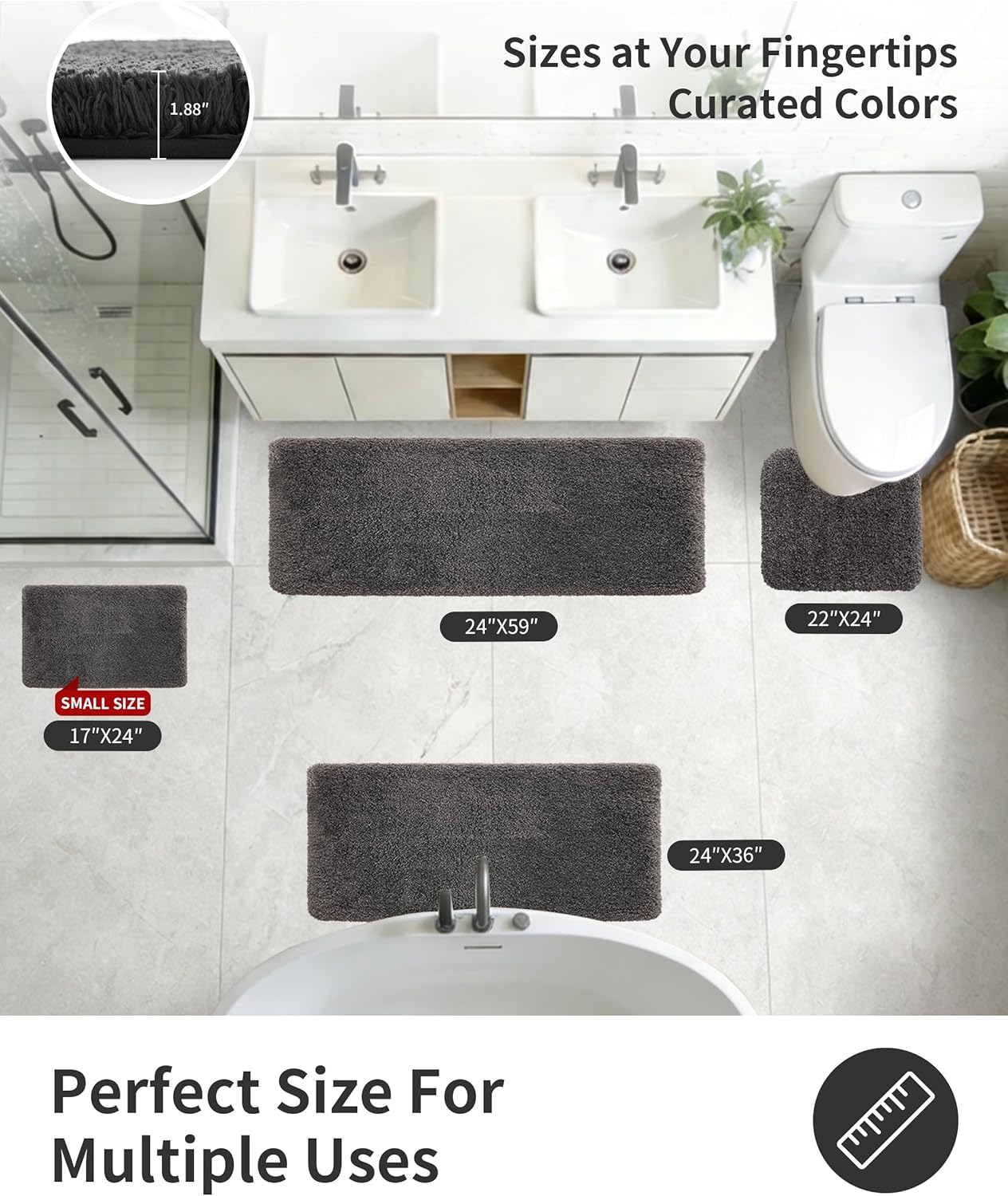 ILANGO Dark Gray Bathroom Rugs 30" × 20" Non Slip & Super Absorbent Extra Thick Soft, Washable Bath Mat for Floor, Microfiber Plush Shaggy Bath Rug with Rubber for Bathtub Shower Room Sink