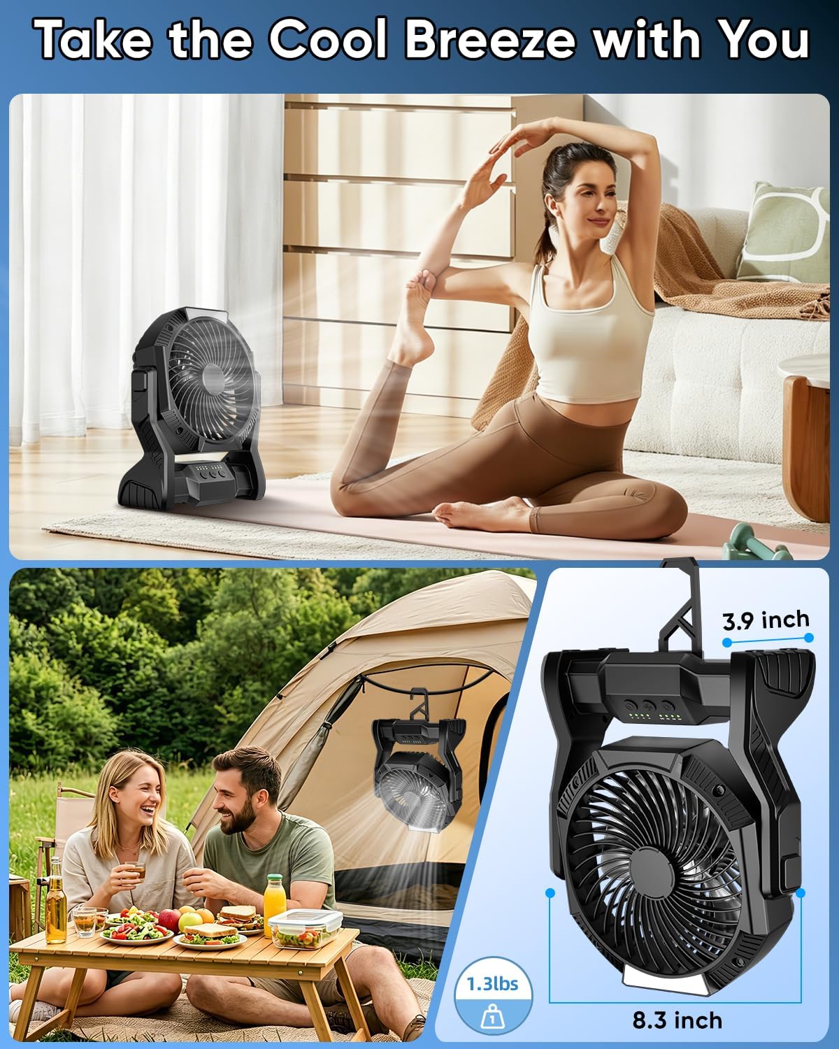 Portable Rechargeable Fan, 20000mAh Battery Powered Camping Fan with LED Light & Hook, 270° Adjustable, 4-Speed, 4H Timer Camping Essentials for Outdoor Tent Travel BBQ Car, Gifts for Men Dad