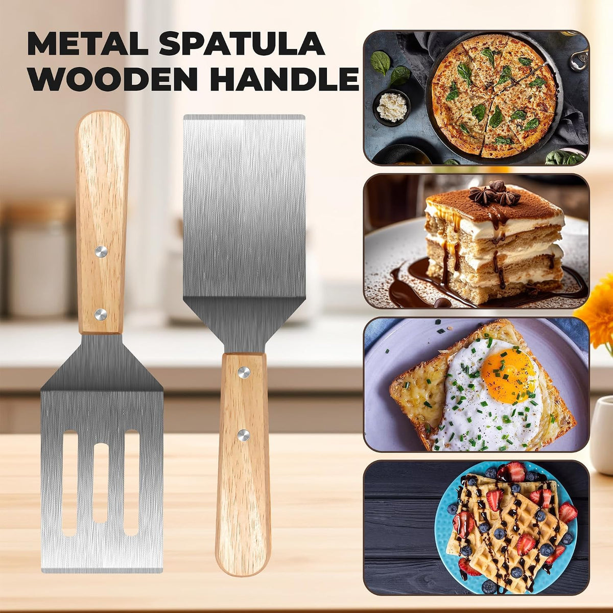 Stainless Steel Spatula Set, 2 pcs for Cast Iron Skillet with Wooden Handle