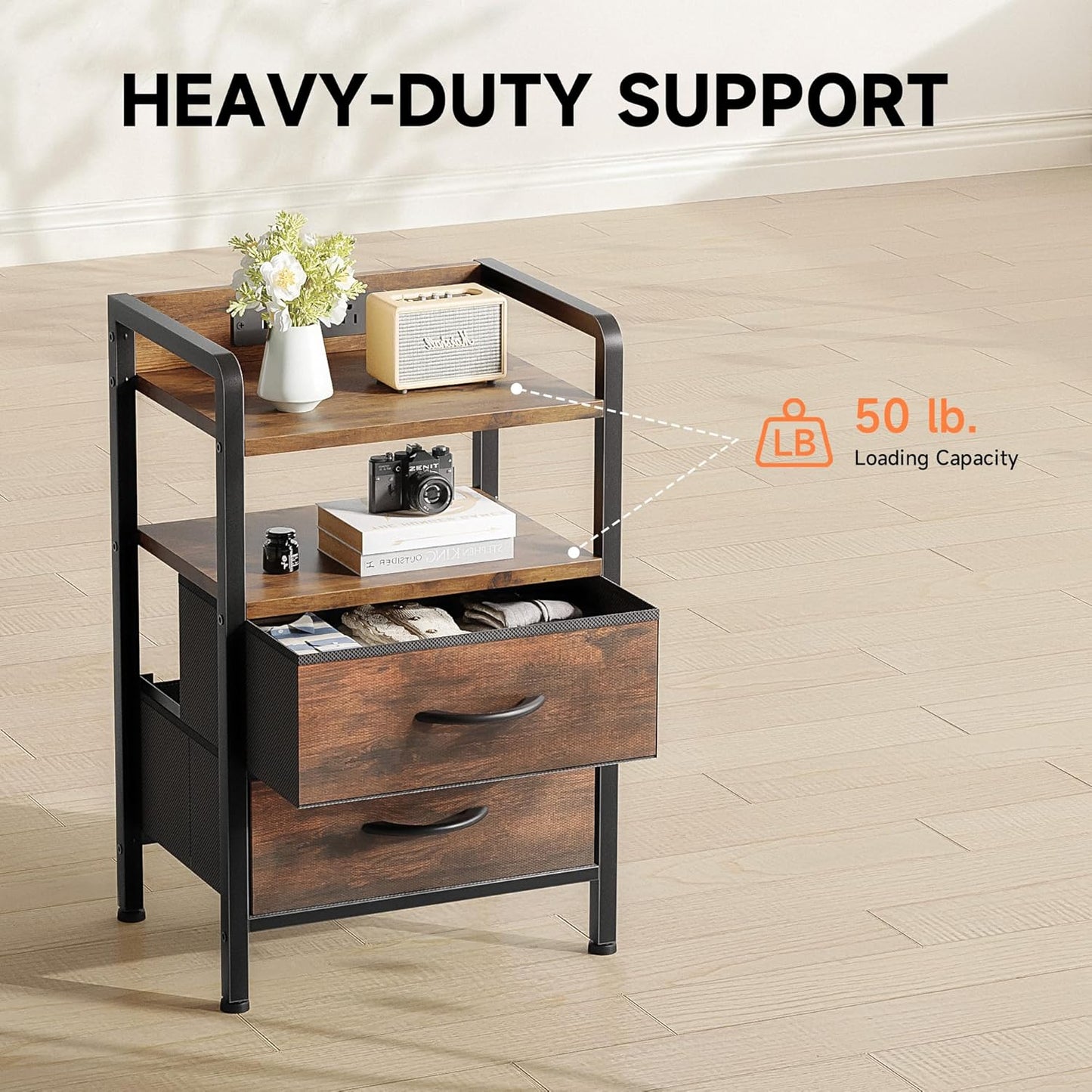 Lazzanto Night Stand Bedside Table Bedroom - Nightstand with Charging Station, Night Stand with LED Light Strip, End Table with U-S-B Ports & AC Outlets, Storage Shelf & 2 Fabric Drawers, Rustic Brown