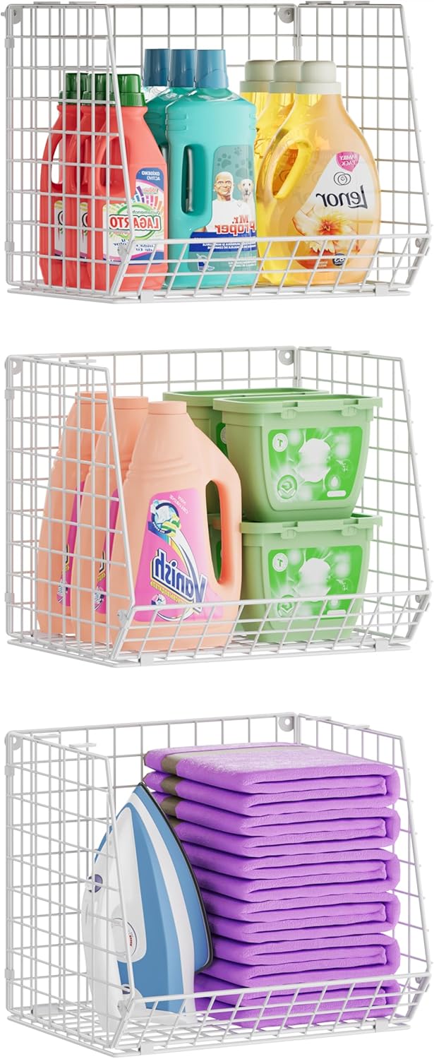 3 Pack Screw Mount Under The Wooden Shelf Laundry Room Organizer: Foldable Wire Basket Space Saving Over The Washer and Dryer - Laundry Organization and Storage, White Patent