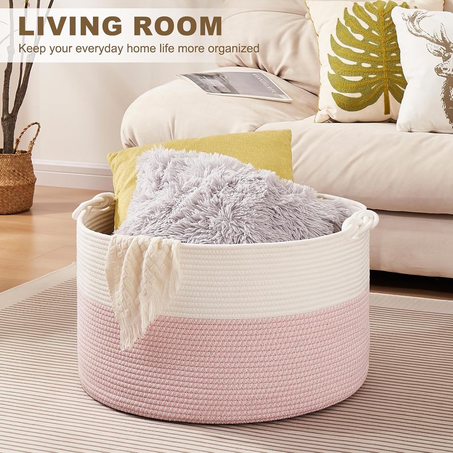 OIASKET Large Blanket Storage Basket for Living Room, 22.8" x 22.8" x 13" Woven Cotton Rope Basket with Handles, Baby Toy Storage, Laundry Hamper for Clothes, Pillows, Towels-Pink and White