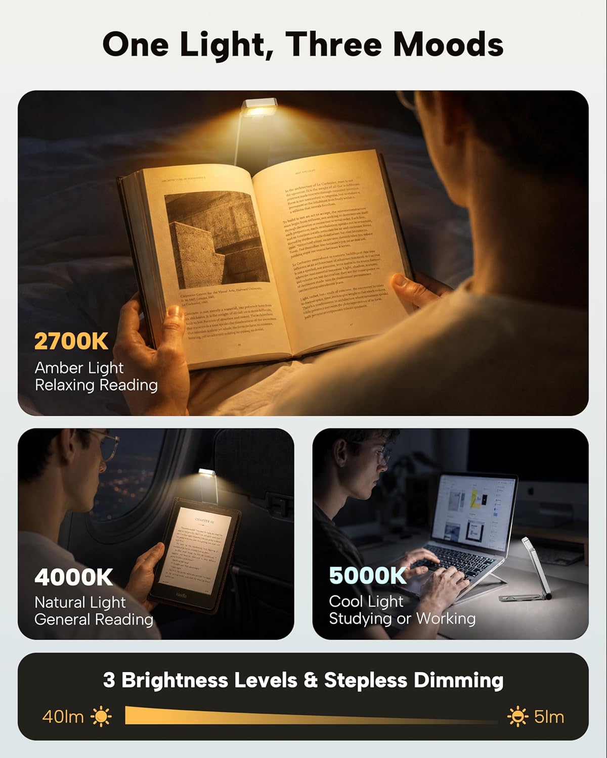 86lux Book Light, Rechargeable Clip-On LED Reading Light for Bed & Night Use - 3 Color Temperatures with Stepless Dimming, Ultralight Bookmark Design for Kids, Book Lovers, Silver