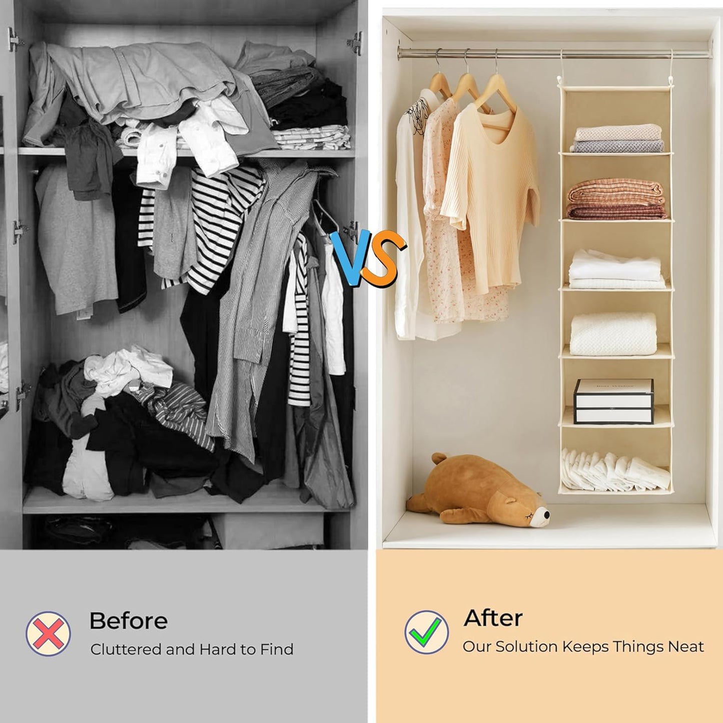 MAX Houser 6 Tier Shelf Hanging Closet Organizer, Cloth Hanging Shelf with 2 Sturdy Hooks for Storage, Foldable (Beige)