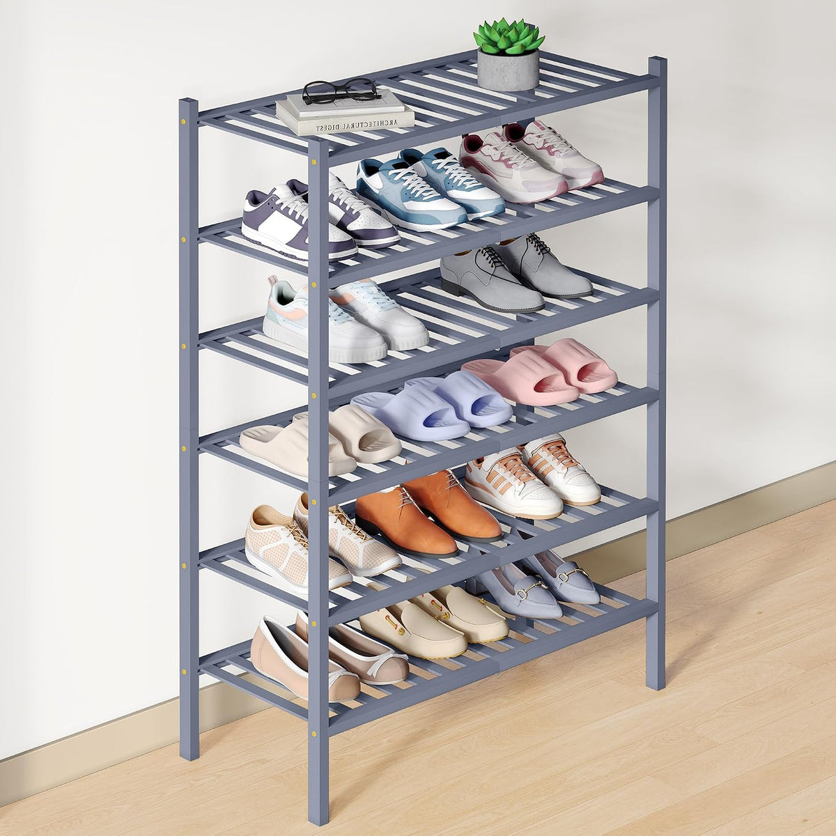 Smiry Bamboo Shoe Rack for Closet, 6 Tier - 26.77" Wide, Grey