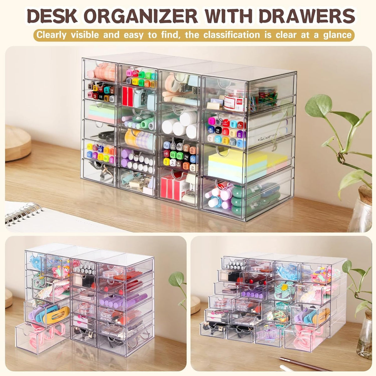 VZKAH Acrylic Organizer with Drawers | 20 Drawers 4 Sets | Desk Organizer and Storage, Clear Makeup Organization, For Office/Art Supply/Craft Storage and Organization
