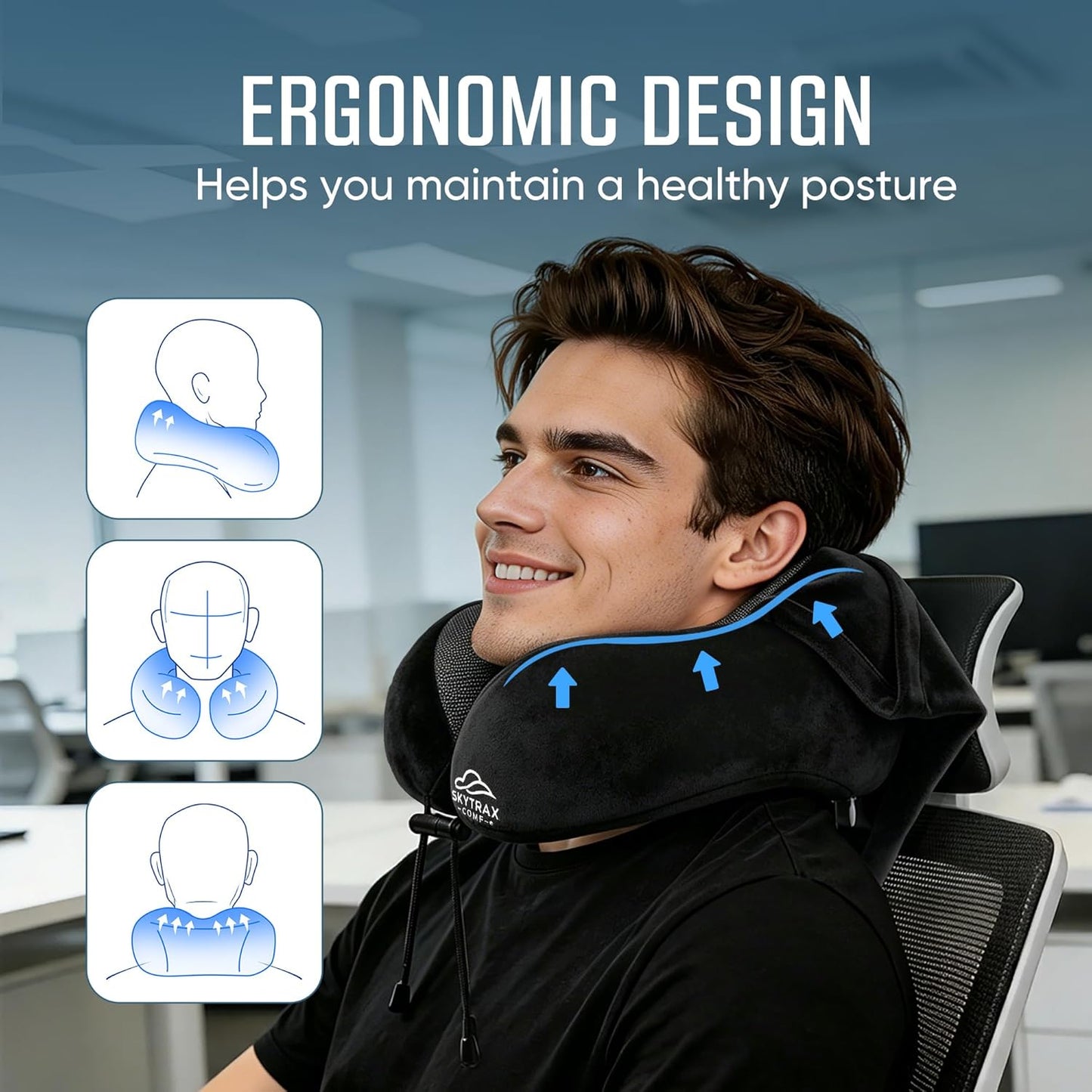 SkytraxComf® Travel Neck Pillow with Hood for Privacy on Long Flights | Memory Foam | Airplane Sleep | Safety-Tested Materials | Extra Large Hood | Chin Support | Earplugs | Washable Cover