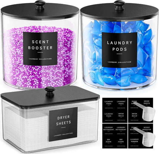 galasily 3 Pack Laundry Pods Container, Clear Laundry Room Organization Containers,Large Acrylic Detergent Powder Storage Containers Black Wooden Lids & Labels, Dryer Sheet Holder