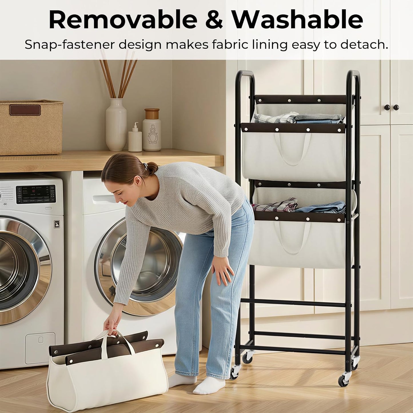 GRANNY SAYS 3 Section Tiered Laundry Sorter, Slim Vertical Laundry Hamper with Wheels, Narrow Rolling Laundry Cart with Removable Bags for Laundry Room, Bathroom, Closet, Dorm, Beige