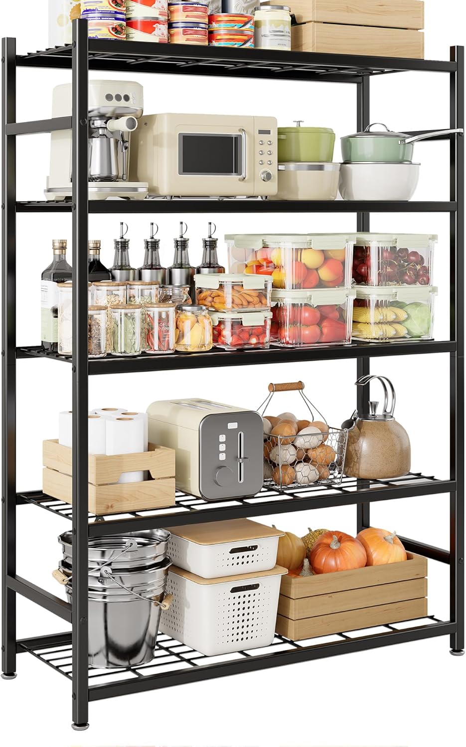 Storage Shelves, 5-Tier Metal Shelving Unit with Adjustable Feet, Shelf Organizer for Garage, Kitchen, Pantry and Closet Organization, 36.4" x 11.8" x 68.3", Black