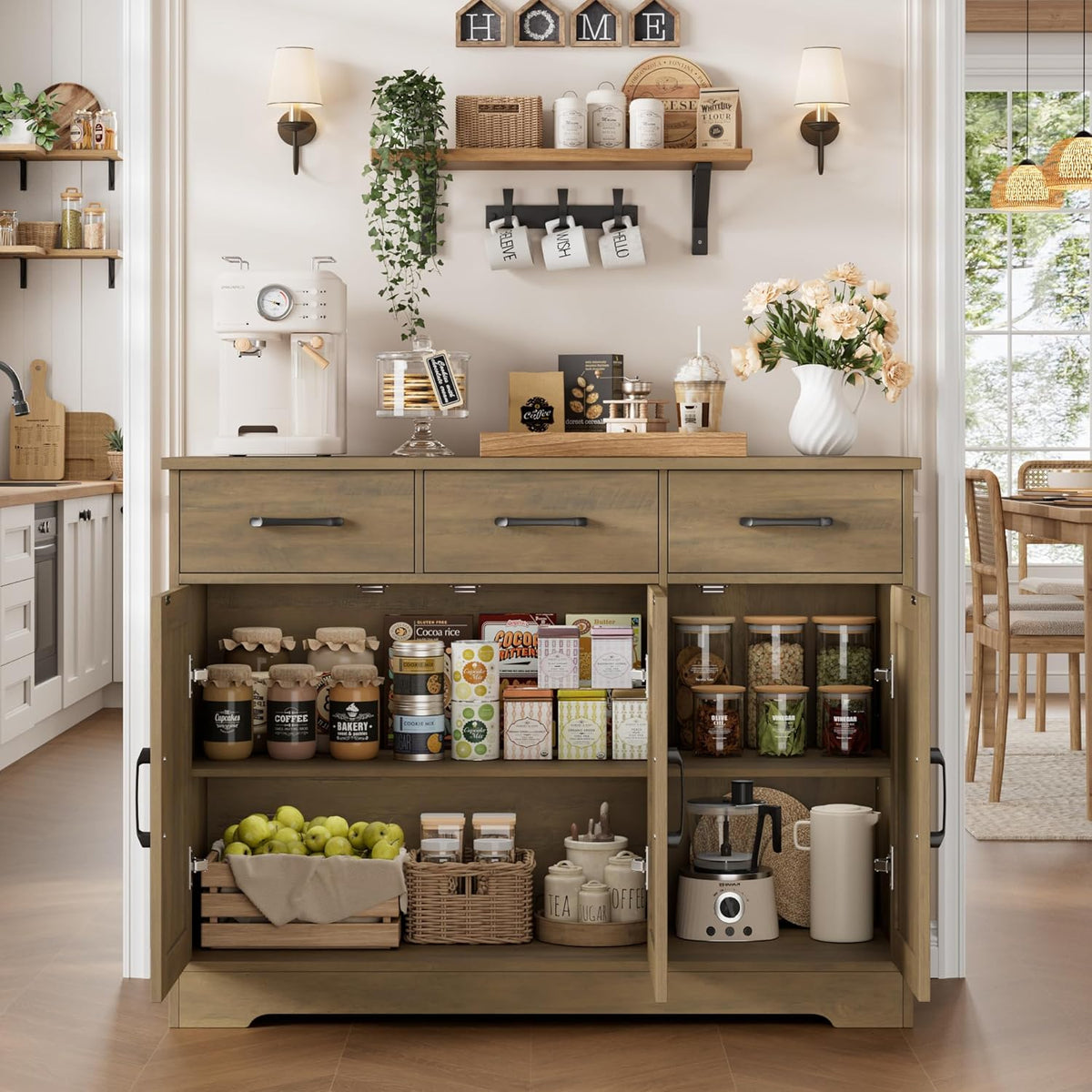 HOSTACK Kitchen Buffet Cabinet with Storage, Sideboard Coffee Bar, Brown | Farmhouse Kitchen Storage Cabinet with 3 Drawers & Adjustable Shelf, 42.5"W Buffet Table for Dining Living Room