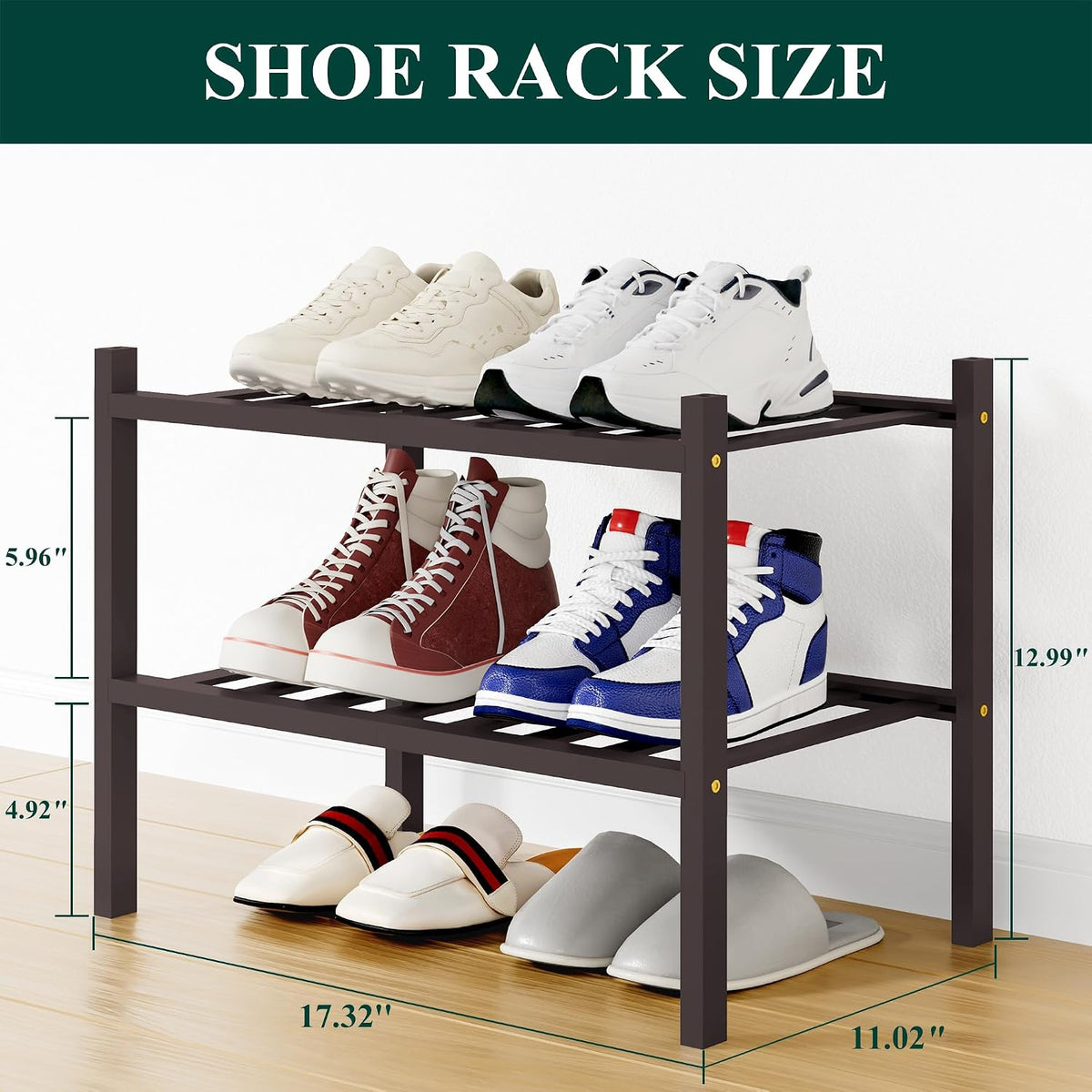 Smiry Bamboo Shoe Rack, 8 Vertical Slats, 2 Tier - 17.3" Wide, Brown