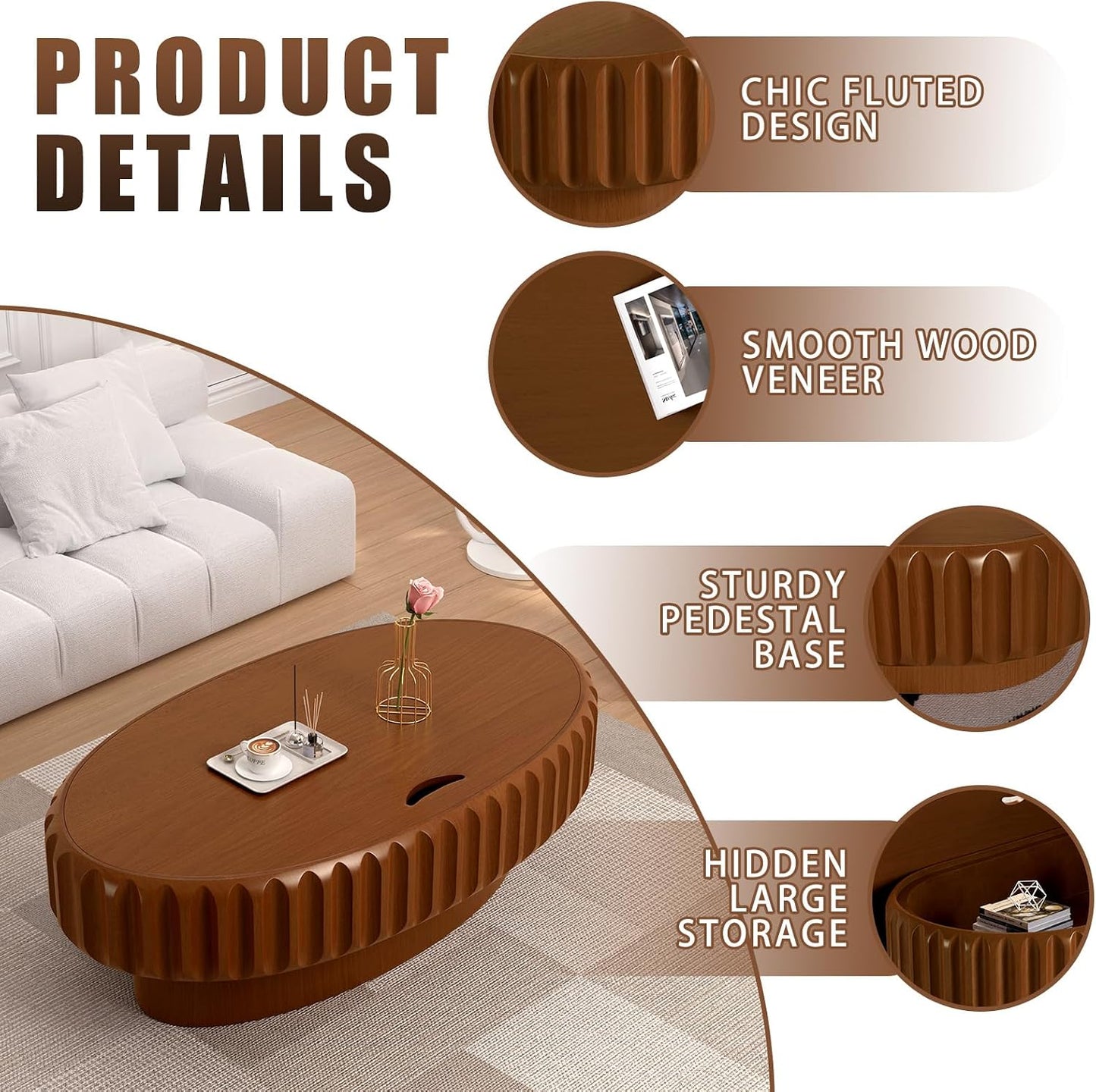 43.3" Oval Fluted Coffee Table with Hidden Storage (Brown 43.3) | Oval Wooden Coffee Table with Solid Wood Veneered, Gear Center Table, Drum Tea Table for Living Room Apartment