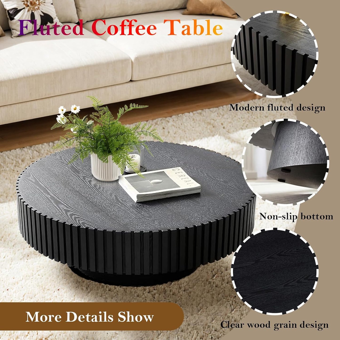 Black Circular Fluted Coffee Table (Round Black 31.5in) | Mid Century Circle Center Tables for Living Room | Chic Round Drum End Table for Small Space | Easy Assembly