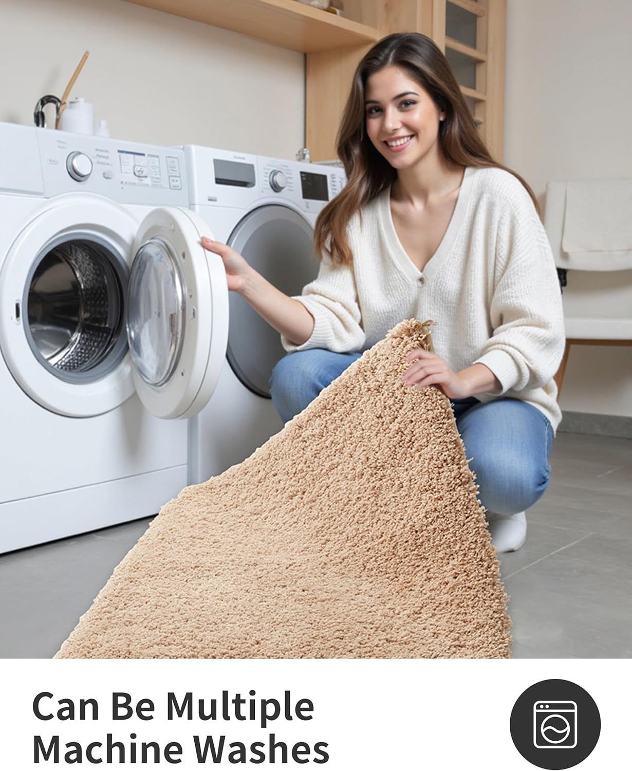 ILANGO Beige Bathroom Rugs 32" × 20" Non Slip & Super Absorbent Extra Thick Soft, Washable Bath Mat for Floor, Microfiber Plush Shaggy Bath Rug with Rubber for Bathtub Shower Room Sink