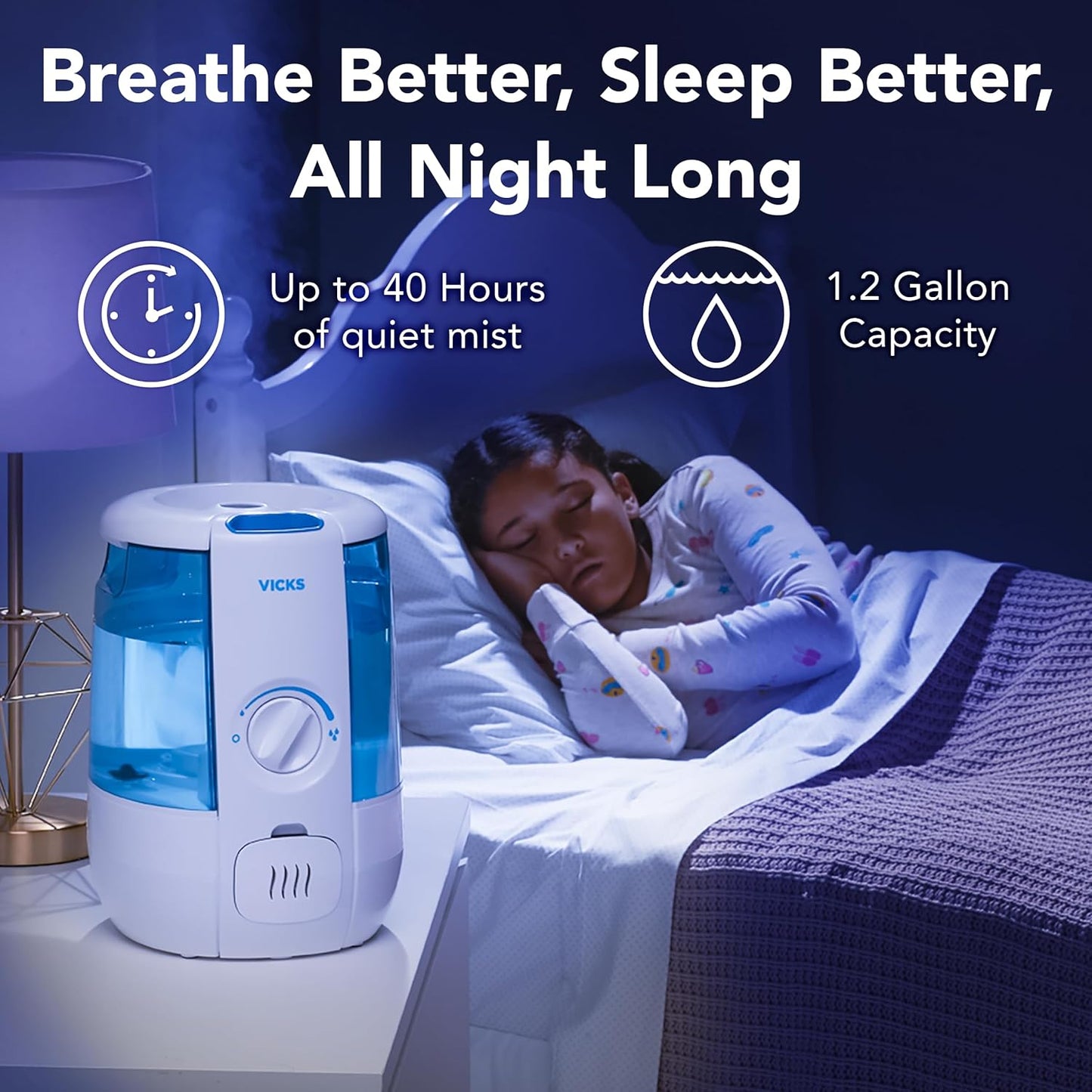 Vicks CoolRelief Cool Mist Humidifier Small to Medium Room Vaporizer for Baby, Kids, Adults, 1.2 Gal