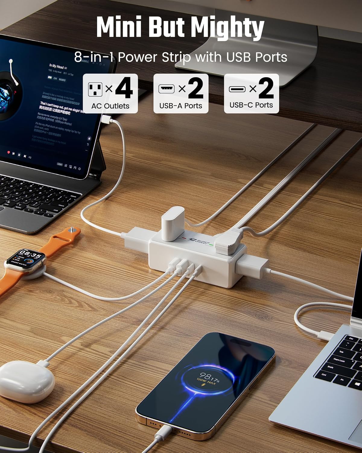 3Ft Extension Cord with Multiple Outlets, Flat Plug Surge Protector Power Strip Short Extension Cord 3 Ft, 4 Outlets & 4 USB Ports (2 USB C), Charging Station for Home Office, Dorm Room Essentials