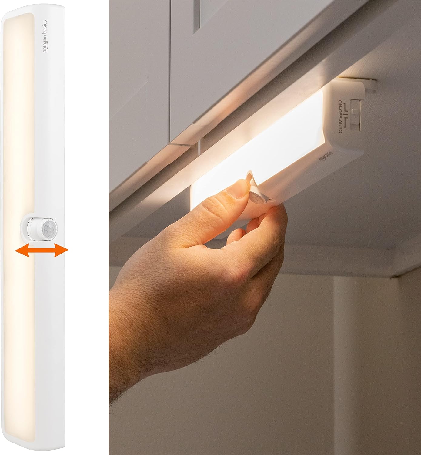 Amazon Basics LED Motion Sensor Light Bar, USB/Battery Operated, 250 Lumens, 12 Inches, Swivel, Under Cabinet Lighting for Closet, Kitchen, 2-Pack, White