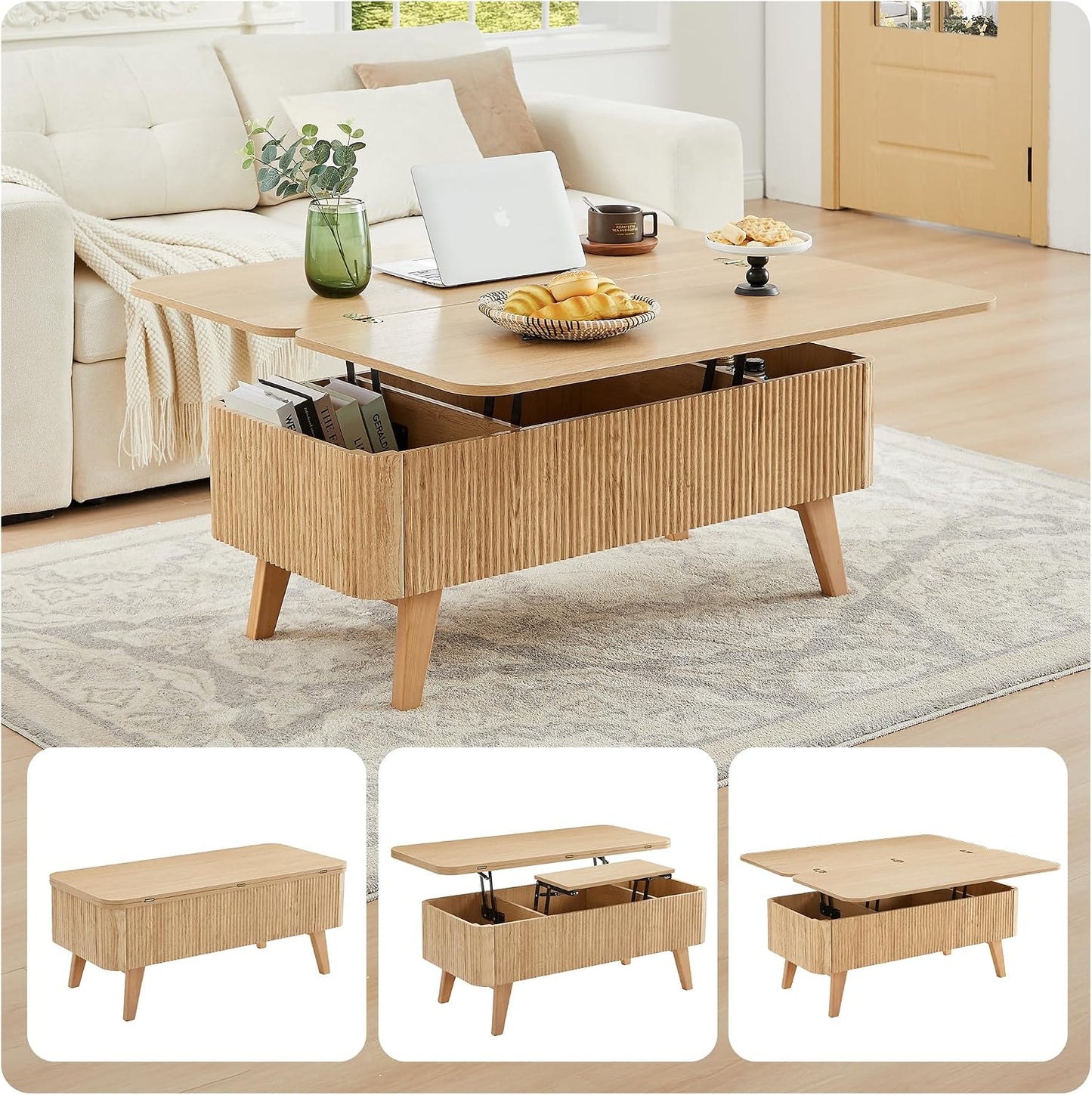 3 in 1 Lift Top Coffee Table, Fluted Convertible Coffee Tables Converts to Dining Tables, Modern Oval Wooden Center Table with Storage for Living Room Office Small Space, Partial Assembly (Natural)