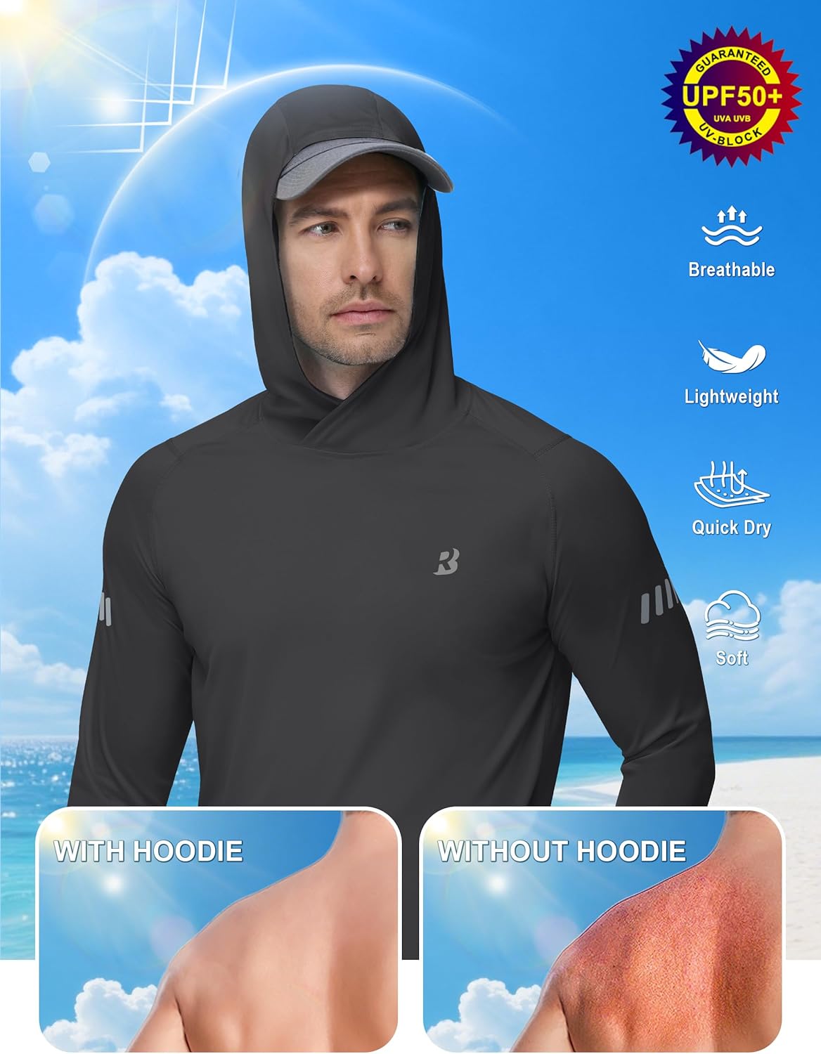 Roadbox Mens UPF 50+ Sun Protection Hoodie, UV Long Sleeve Fishing Shirts, Outdoor Swim Hiking Running Workout Rash Guard