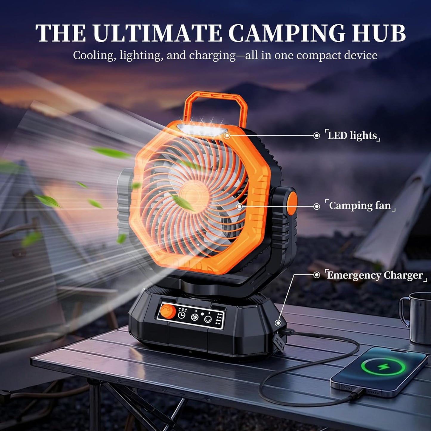 AJVV Camping Fan with Light, Remote and Oscillation, Battery Powered Hanging Tent Fan, Rechargeable Portable for Camp, Outdoor, Emergencies, Fishing, RV Travel, Jobsite