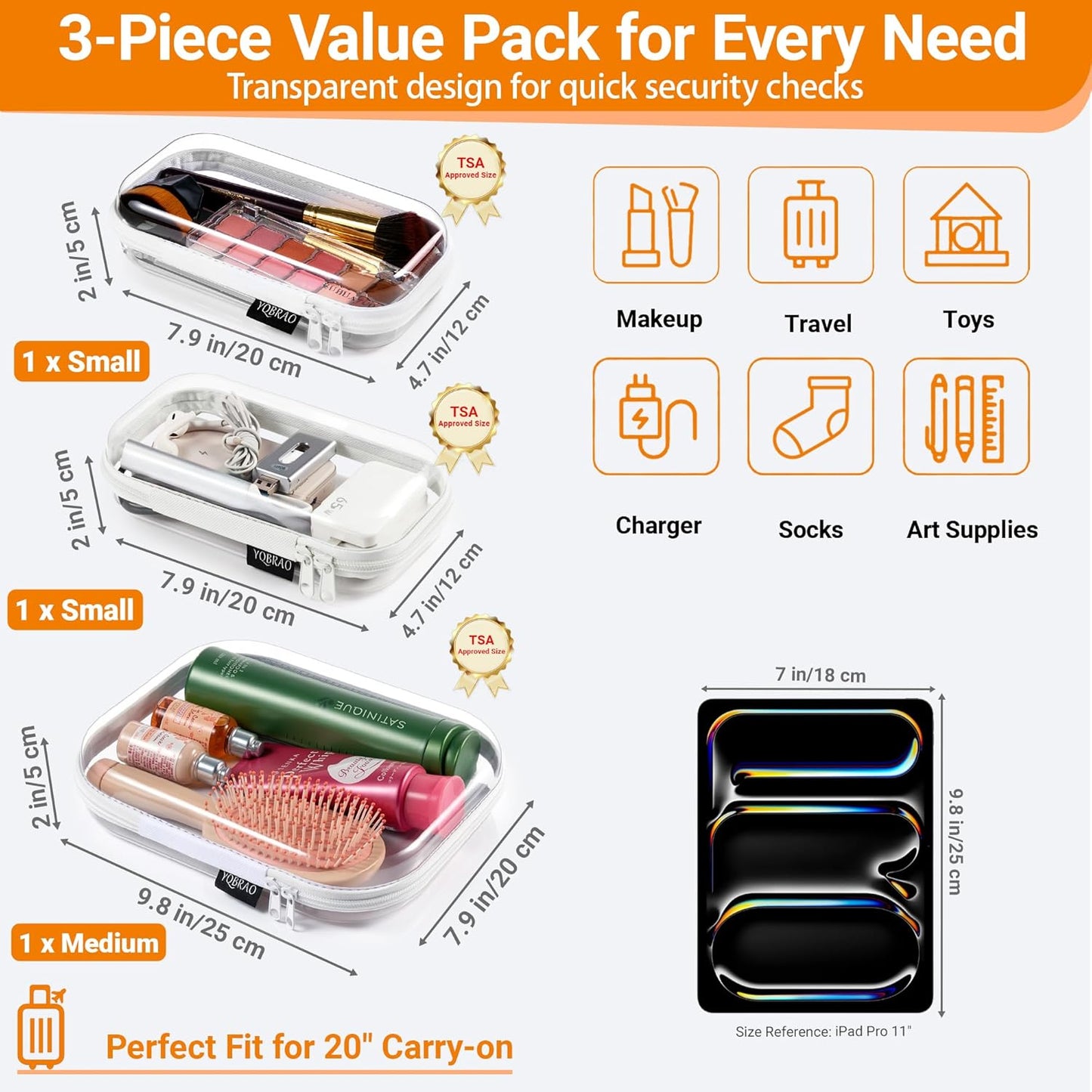 YQBRAO 3 Pack Clear Hard Shell Zipper Case,Rigid Protection Diaper Bag Organizer Pouches, TSA Approved Toiletry Bag with YKK Zippers for Cosmetics, Toys & Electronics