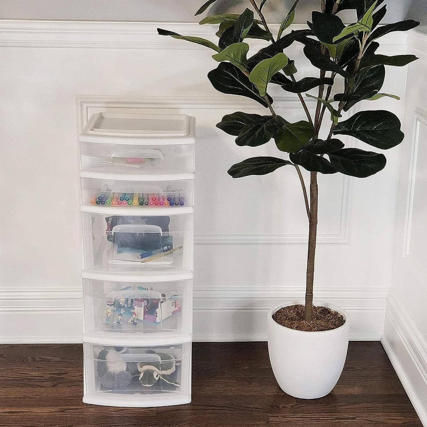 HOMZ 2-Pack Drawer Tower, 5-Tier Clear Plastic Storage Organizer Unit, White Frame - Multi-Purpose Container Drawers for Kitchen, Bathroom, and Office Organization
