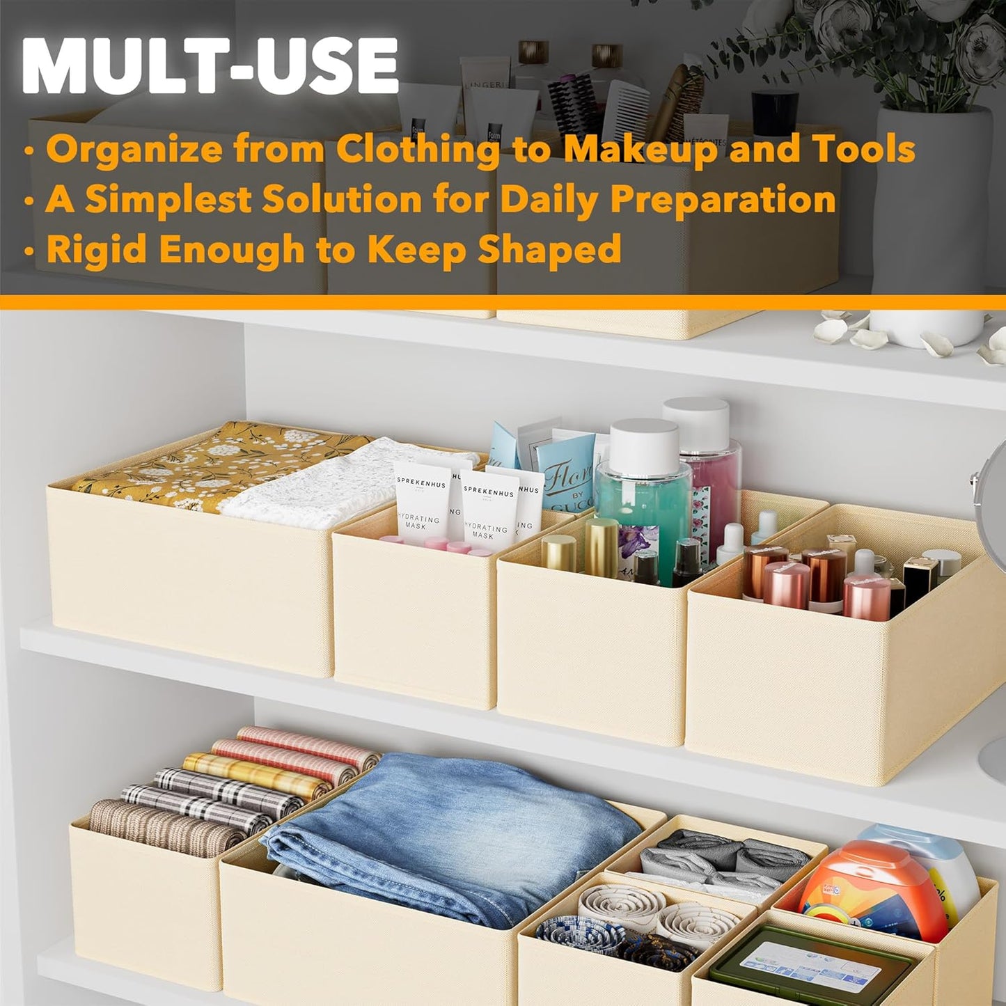 SpaceAid Drawer Organizer Clothes, 12 Pack Dresser Organizer Bins for Nursery, Closet Organization and Storage Dividers for Clothing, Baby Clothes, Underwears, Socks (Beige)