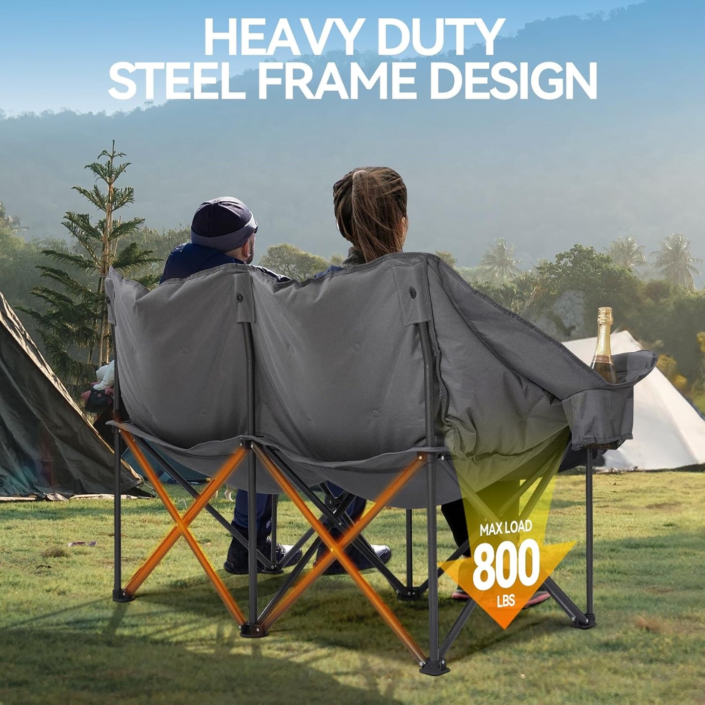 Double Camping Chair Padded 2 Person Camping Chair Camping Loveseat - Heavy Duty Oversized Camping Couch for Adults Outdoor Lawn Beach - Portable Folding Sofa with Cup Holders and Carry Bag, Grey
