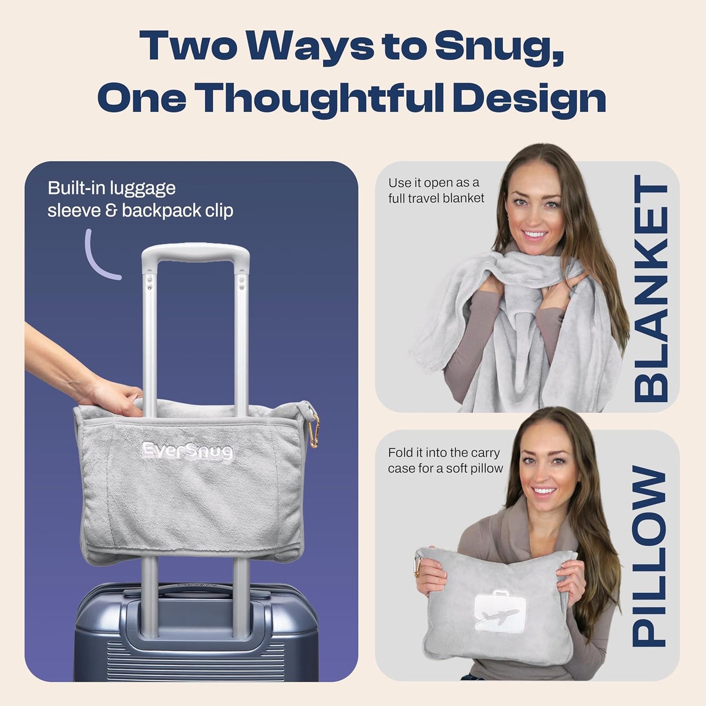 EverSnug Travel Blanket and Pillow - Ultra-Soft, Compact & Lightweight, 65x40 Inches, with Carry Case, Luggage Sleeve & Backpack Clip for Airplane Comfort (Light Grey)